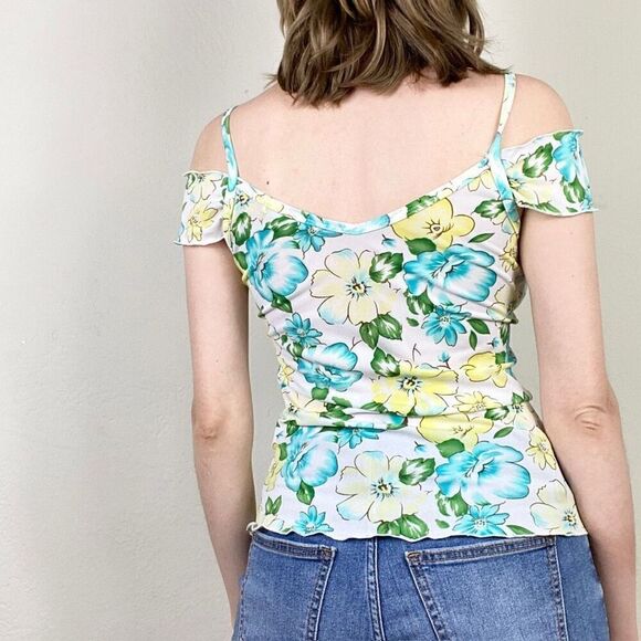 Vintage y2k Charlotte Russe White Floral Pattern Cold Shoulder Blouse Top Size M - Picture 2 of 8